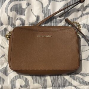 Michael Kors Brown Leather Crossbody Bag with Gold Chain